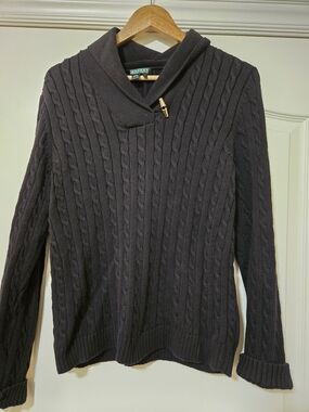 Ralph Lauren  Black 100% Cotton Cable Knit V-neck Turtleneck Sweater with Toggle